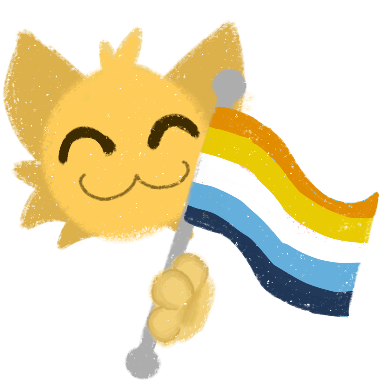  a cheerful yellow cat character, smiling with closed eyes. it's holding the aroace flag with horizontal stripes in the colours orange, yellow, white, light blue, and dark blue.. The character's paw grips the flagpole